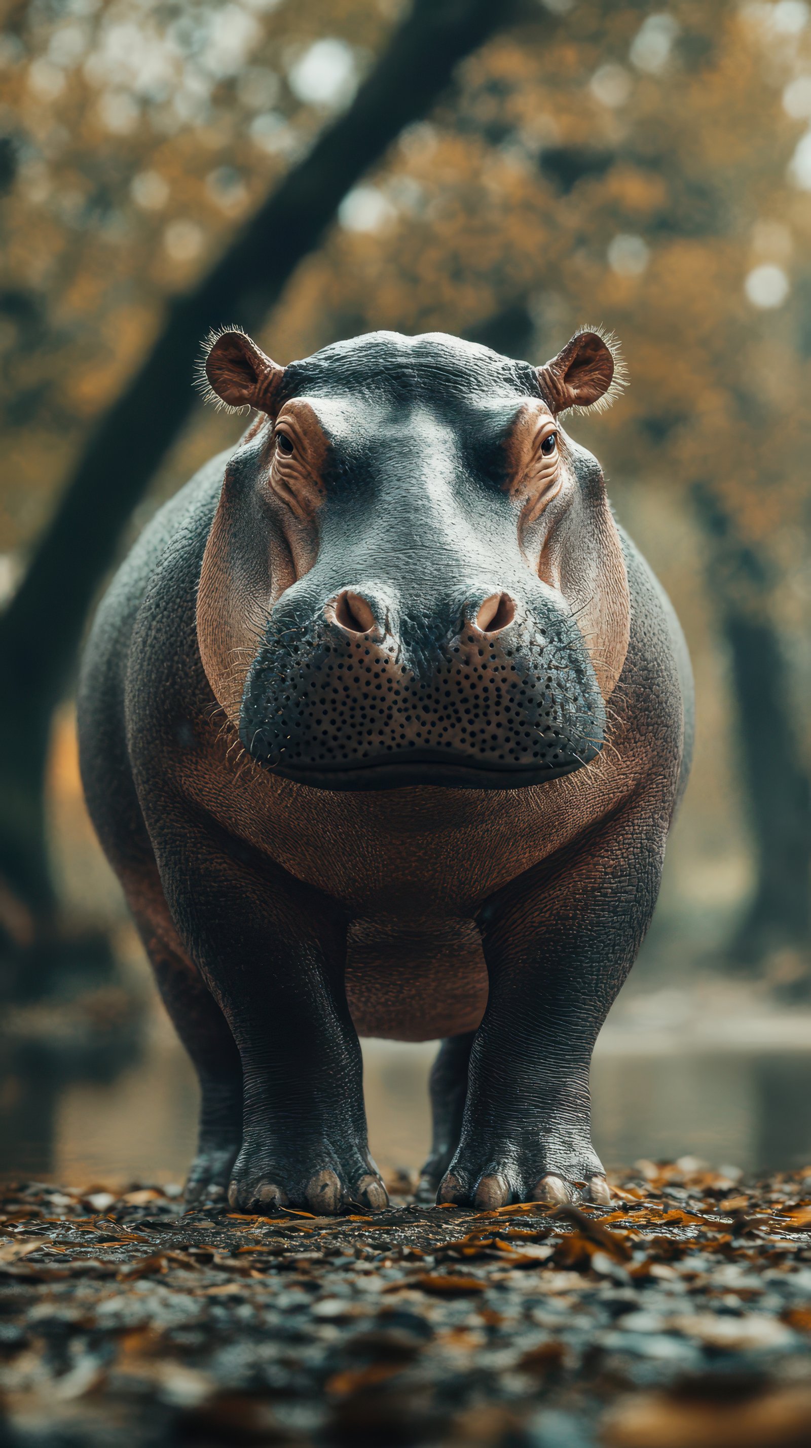Large hippo standing by the water's edge in a serene landscape during early morning light